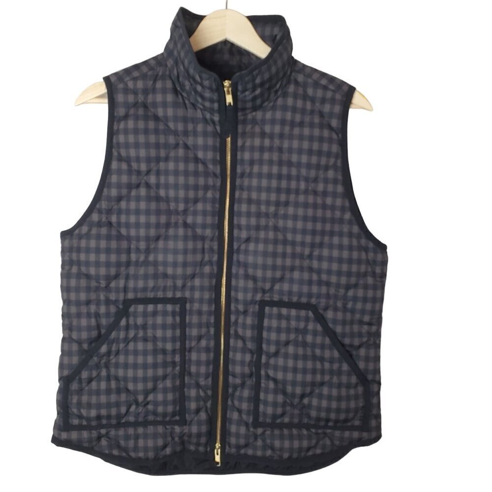 J. Crew Quilted Puffer Vest Women M Gray Brown Gingham Check Down Fill Full zip